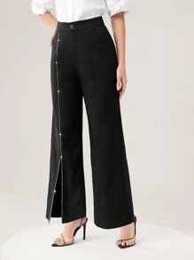 Mulvari Women's Solid Color Wide Leg Casual Suit Pants With Pockets - Black - View 6