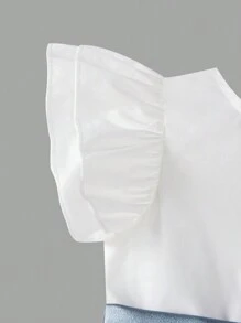 SHEIN 年輕女孩白色緞面禮服連藍色腰帶，完美適合婚禮 - 白色 - 查看 4