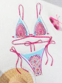 SHEIN Swim Bộ Bikini Thông In Hoa Đi Biển Mùa Hè Cho Nữ - Hồng - Xem 1