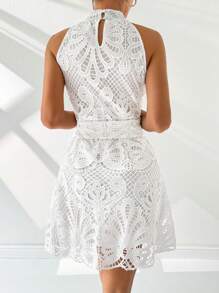 SHEIN Privé Summer Women Wedding  Elegant Holiday Romantic Date Ins Lace Belted A-Line White Mini Dress - White - View 2