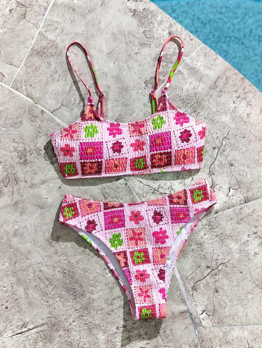 SHEIN Swim 女士夏季沙滩花卉印花性感比基尼套装，度假比基尼套装 - 粉色 - 查看 1