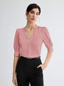 BizChic 女士夏季純色V領短泡袖優雅上衣 - 藕粉色 - 查看 3