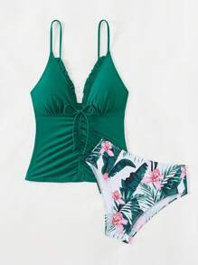 SHEIN Swim 夏季女士时尚纯色吊带背心比基尼，随机印花 - 彩色 - 查看 5