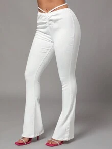 SHEIN SXY Jeans blancos de campana ajustados y sexis para mujer con lazo elástico