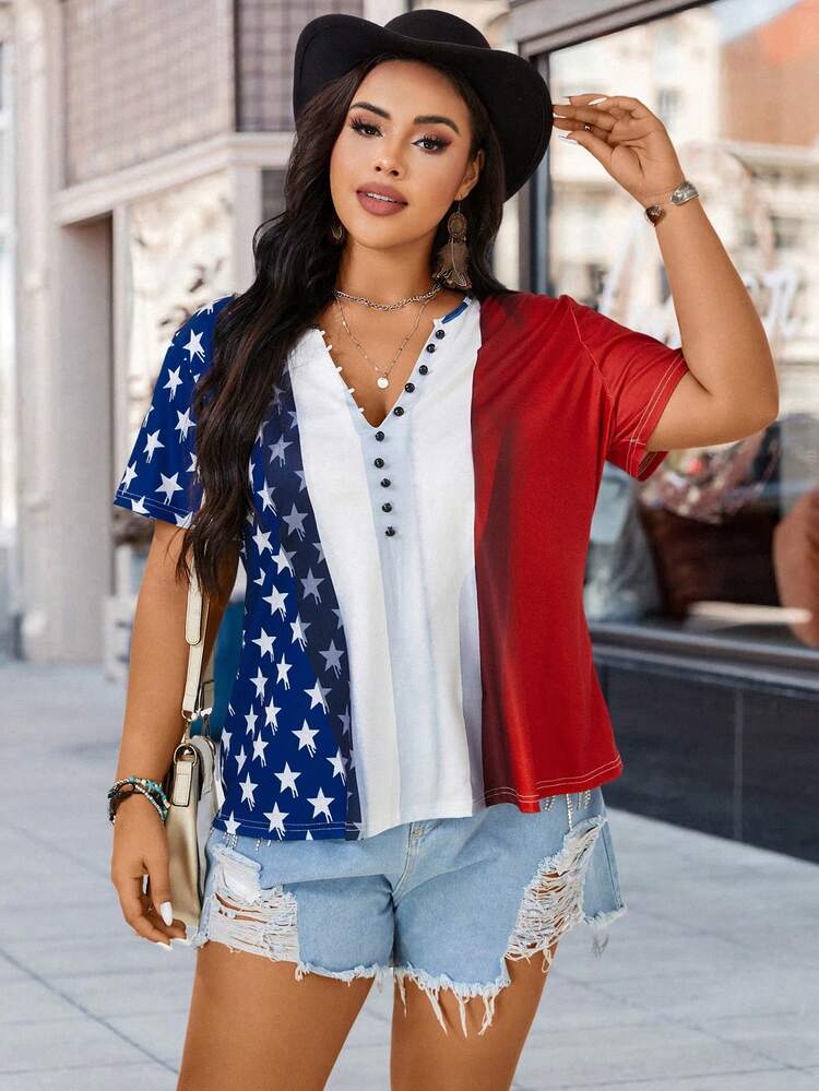 Plus Size Women Casual Contrast Color Block American Flag Printed Short Sleeve 4th Of July T Shirt Summer