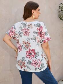 SHEIN Clasi Plus Size Women's Summer Floral Print Round Neck Short Sleeve Casual T-Shirt - Pink - View 2