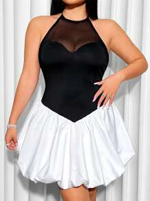 SHEIN ICON Vestido de talla grande con diseño de bloques de color y cuello halter con ribete de volantes