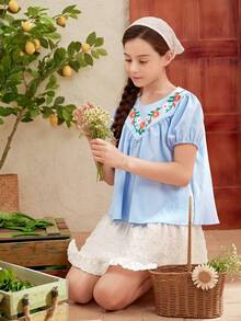 SHEIN Tween Girl Country Style Embroidered Round Neck Puff Sleeve Blouse, Suitable For Summer Vacation - Blue - View 6