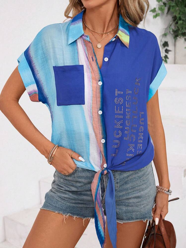 Colorful Striped Shirt With Patchwork Design, Batwing Sleeves And Rhinestone Details, Perfect For Casual Or Vacation Wear
