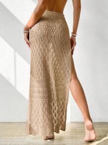 Women's Beach Holiday Solid Color Hollow Out Knitted Side Slit Cover-Up Skirt Summer