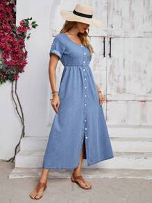 SHEIN LUNE Vestido vaquero largo de mujer con botones delanteros y mangas arremangadas para vacaciones y tiempo libre - Azul - Ver 5