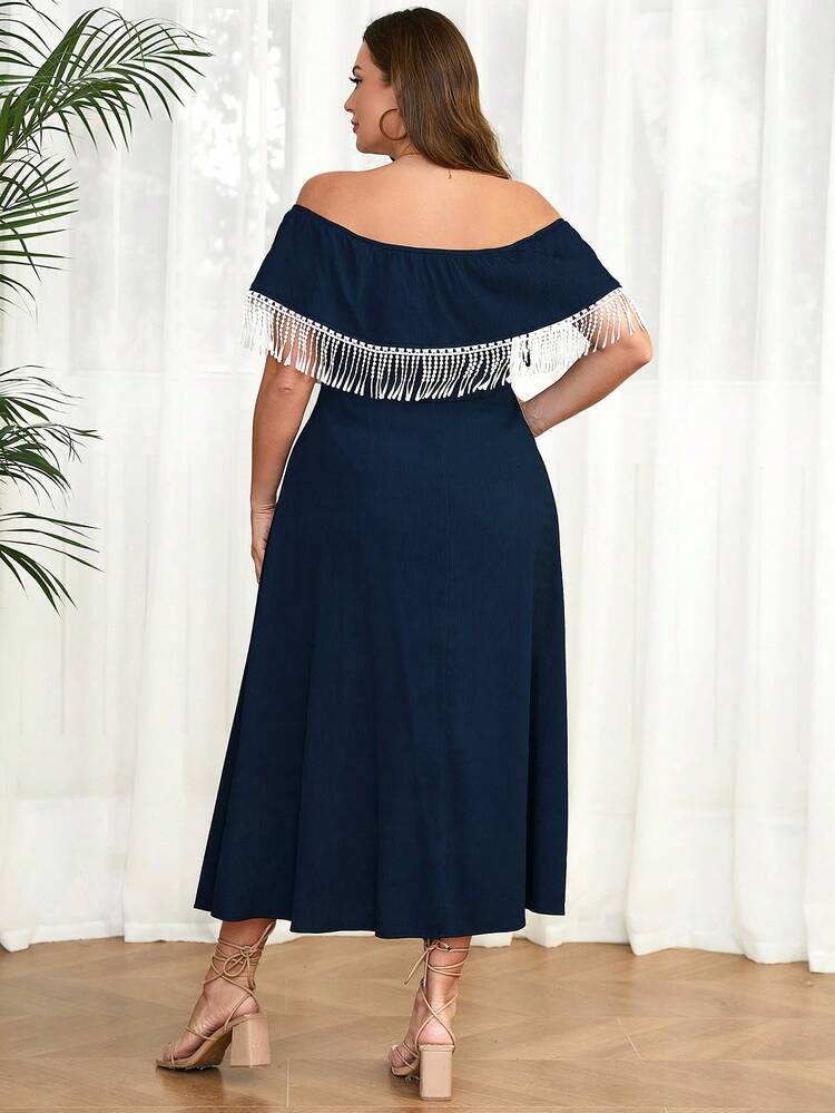 Plus Size Women's Patchwork Tassel Off Shoulder Dress
