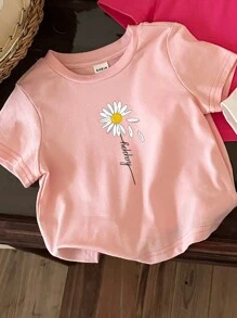SHEIN 3 Stück/Set Baby Mädchen Lässig Minimalistische Blumen, Herz & Buchstaben Muster Kurzarm Rundhals Tops, Sommer Baumwolle - Verschiedenfarbig - Übersicht 4