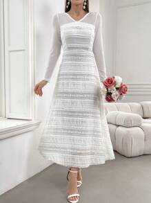 Modelyn 女士優雅純色網眼和蕾絲拼接長裙，春夏款 - 米色 - 查看 6