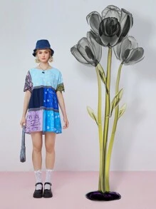 SHEINNeu 女士假日休閒印花拼接短袖連衣裙 - 彩色 - 查看 1