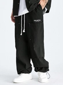 Manfinity VCAY Men's Embroidered English Pattern Baggy Sweatpants With Drawstring, Hip-Hop Style,Stacked Sweatpants - Black - View 1