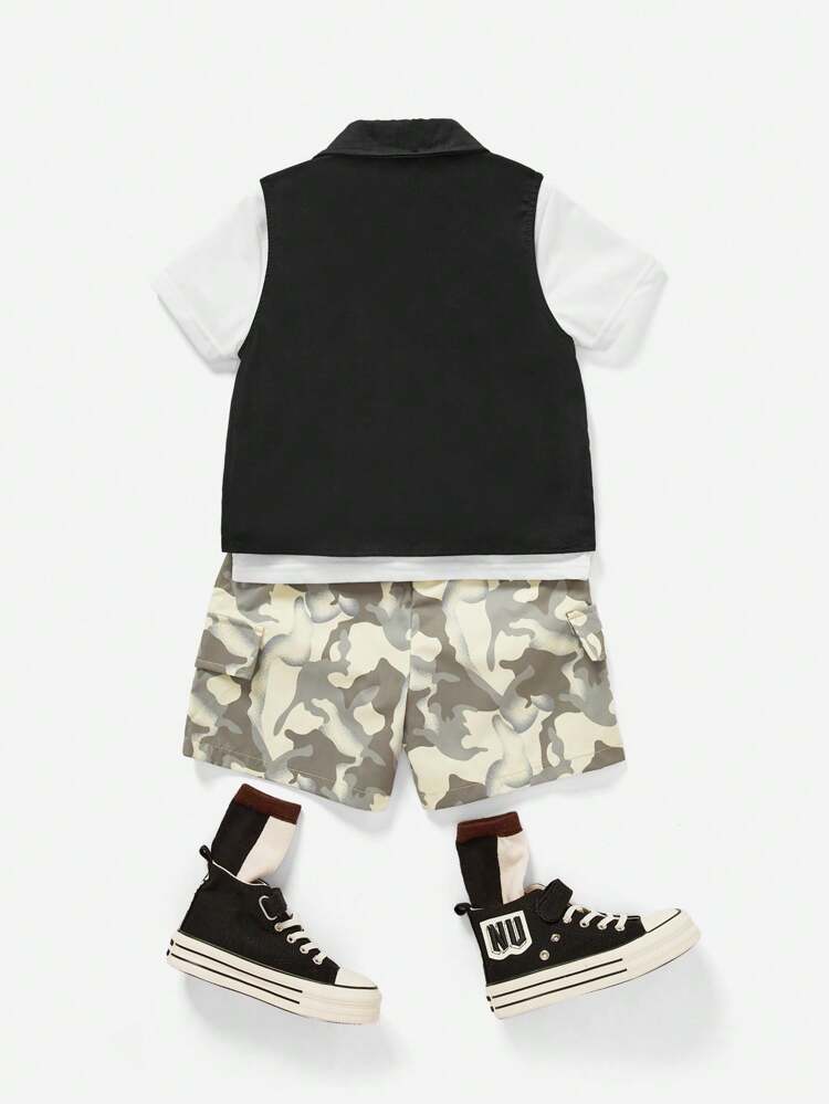 Young Boy 3pcs/Set Casual Breathable Short Sleeve T-Shirt, Cool Utility Vest And Camo Shorts, Suitable For Spring & Summer, Street, School And Outdoor Activities
