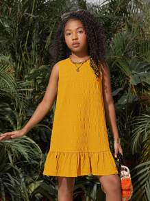 SHEIN Vestido sin mangas de unicolor tejido para niña preadolescente para vacaciones de primavera/verano con bajo de volantes y escote redondo
