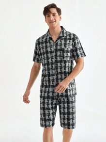 Men's Summer Plaid Short Sleeve And Shorts Homewear Set