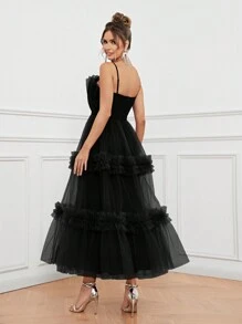 SHEIN Belle Elegant Ruched Ruffle Hem A-Line Women's Evening Dress With Spaghetti Straps (Heavy Version) Prom Semi Formal Wedding Guest Dress, For Birthday, Graduation, Homecoming Party Dress - Black - View 5