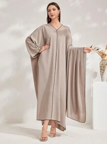 Al Najma Women's Solid Color V-Neck Batwing Sleeve Loose Straight Turkish With Long Sleeve Modest Kaftan Arabian Dress - Khaki - View 6