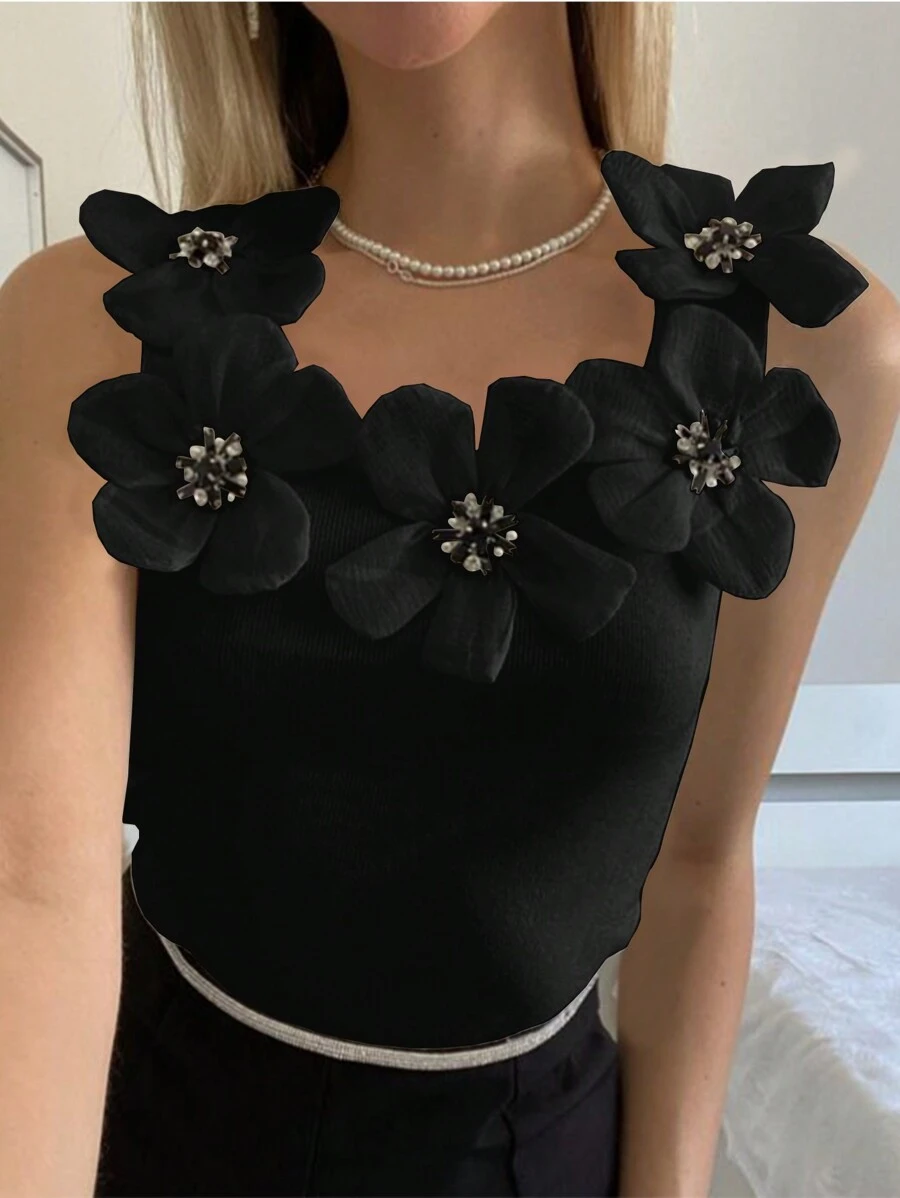 SHEIN Unity 女式夏季无袖上衣,带有 3D 花朵装饰和修身圆领图案 T 恤女式上衣 - 黑色 - 查看 1