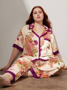 LUVLETTE Women Plus Chinese Style Floral Print Satin Long Pajama Set Lounge Set Lingerie - Red Violet - View 3