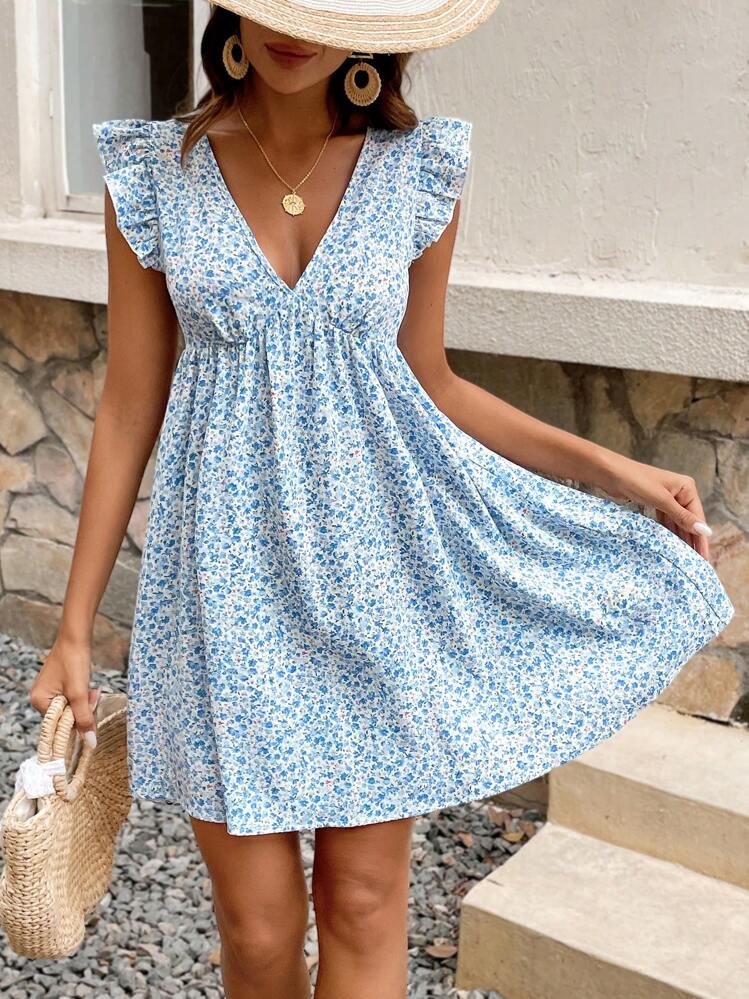 SHEIN Frenchy Petite Floral Print V Neck Layered Ruffle Tunic Dress