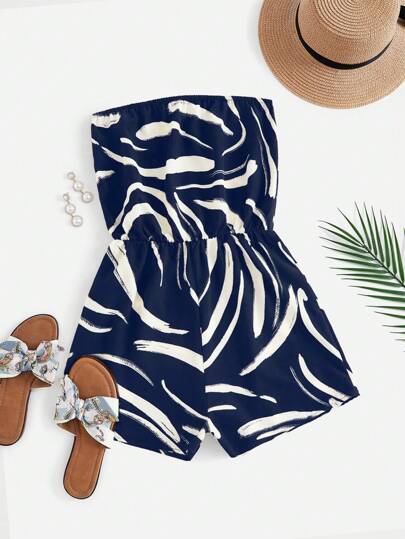 SHEIN VCAY Vacation Style Plant Printed Bandeau Romper (No Belt) Spring Summer Clothing