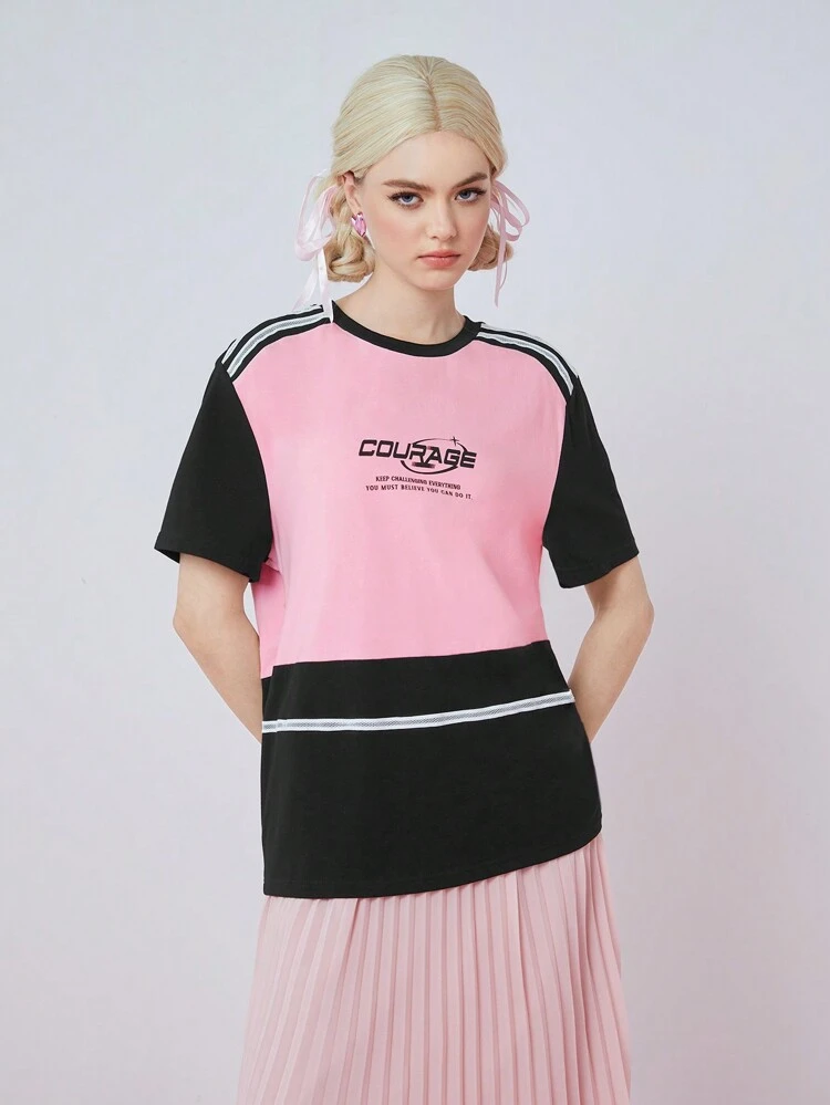 SHEINneu Women's Summer Contrast Color Split Casual Sports Slogan Printed Round Neck Short-Sleeved T-Shirt