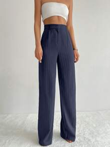 EURMUSE Striped Print Wide Leg Suit Trousers - Navy Blue - View 3