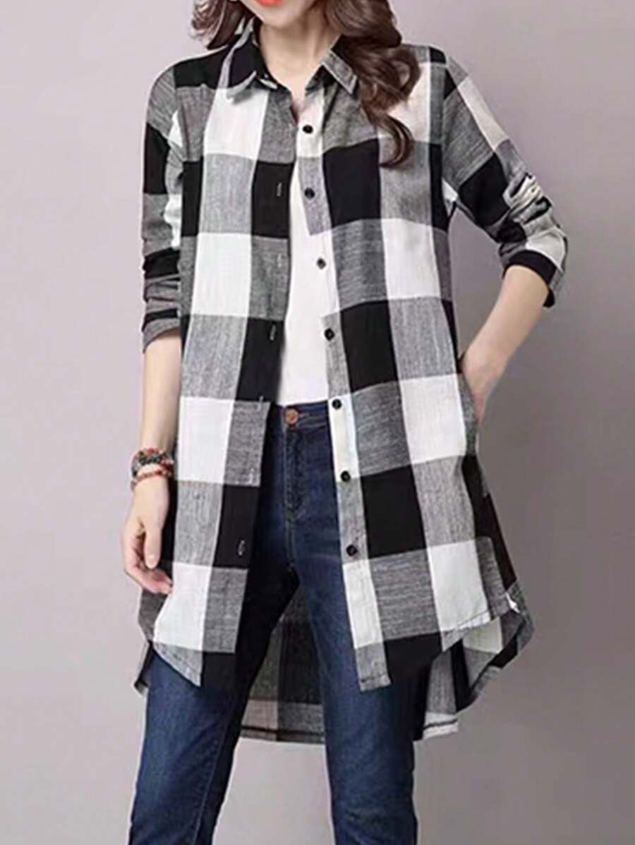 SHEIN LUNE 方領格紋印花前鈕休閒長袖襯衫