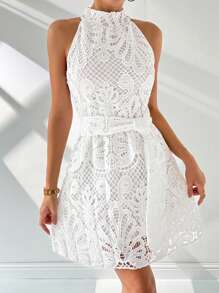 SHEIN Privé Summer Women Wedding  Elegant Holiday Romantic Date Ins Lace Belted A-Line White Mini Dress - White - View 5