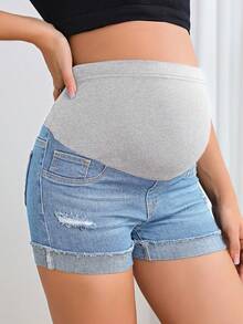 SHEIN Pantalones cortos diarios sencillos de mezclilla de unicolor para embarazadas - Lavado ligero - Ver 5