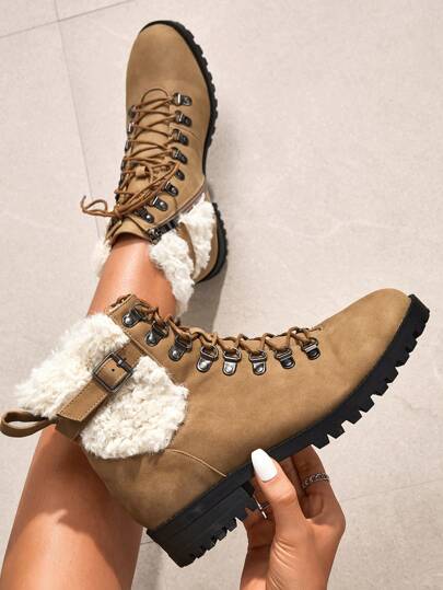 OUTDOORSY Mujer con diseño de hebilla de felpa interior Botas de nieve , moda exterior Botas de moda