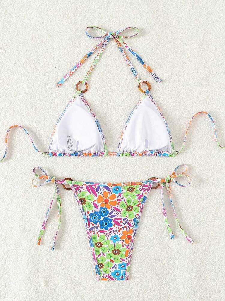 Women's Random Printed Triangle Bikini Swimwear Set For Summer Beach Vacation
