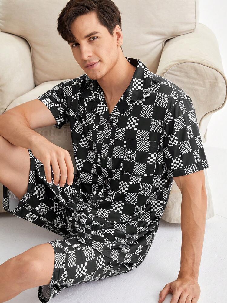 Men's Fashion Plaid Printed Short Sleeve Shirt And Shorts Set, Home Clothes