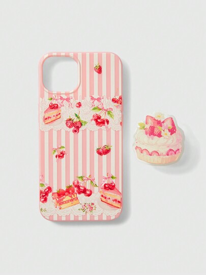 Kawaii 1pc Sweet-Cool Style Pink Phone Case With Strawberry, Cherry, Raspberry Cake And Glitter Stand, Compatible With IPhone 11 12 13 14 15 Pro Max