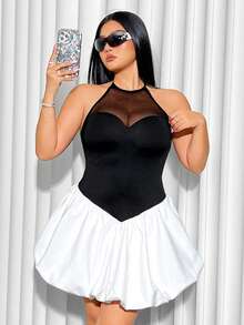 SHEIN ICON Vestido de talla grande con diseño de bloques de color y cuello halter con ribete de volantes