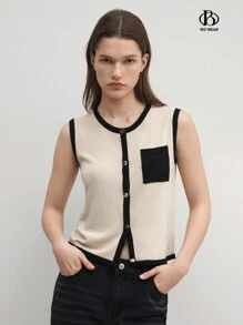 BizChic Elegant Women's Summer Colorblock Single Button Casual Sweater Vest With Pockets - Beige - View 1