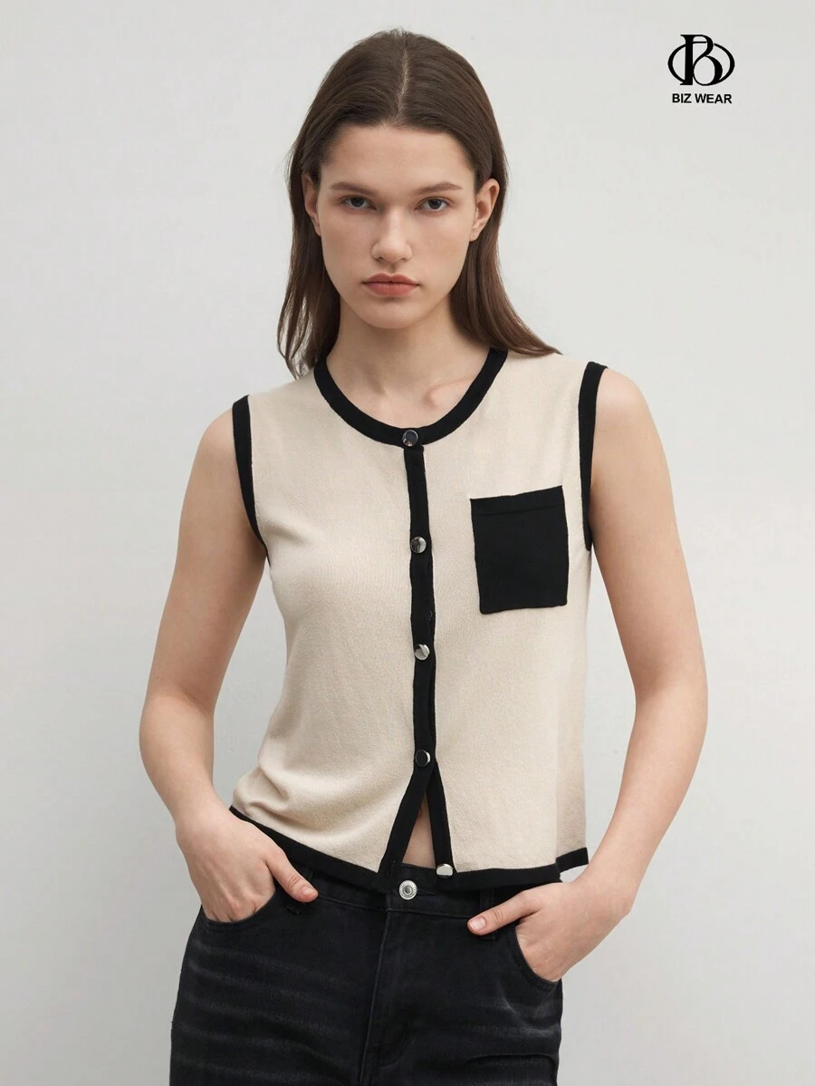 BizChic Elegant Women's Summer Colorblock Single Button Casual Sweater Vest With Pockets - Beige - View 1