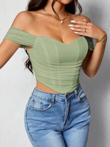 SHEIN PETITE 女士夏季純色露肩打褶不對稱下擺修身上衣