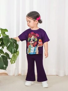 SHEIN 可愛針織卡通圖案夏季短袖彈性腰翻邊褲嬰幼兒女寶裝 - 紫色 - 查看 8
