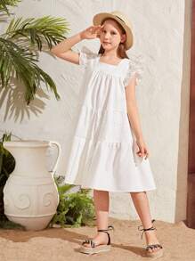 Tween女孩寬鬆版假日方領拼布短袖蝴蝶袖中長裙 - 白色 - 查看 5