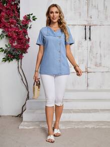 SHEIN LUNE 女款短袖牛仔頂，配有鈕扣 - 藍色 - 查看 6