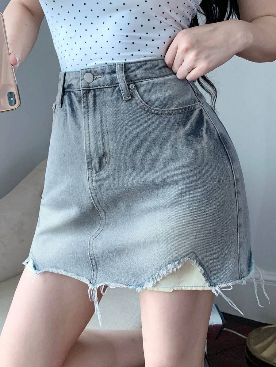 DAZY Women's Casual Denim Skirt With Pocket, Distressed Patchwork And Frayed Hem Jeans Skirt - Light Wash - View 1