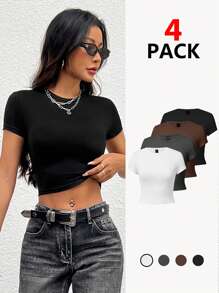 SHEIN PETITE Multicolor Casual Round Neck Tight Short Sleeve T-Shirt For Women, Suitable For Summer - Multicolor - View 2