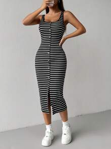 SHEIN EZwear 女士夏季休閒色塊條紋前鈕修身無袖連身裙 - 黑色 - 查看 5