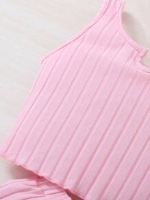 SHEIN Tween Girl Knitted Solid Color Tank Top And Shorts Set With Ribbed Trim, Casual Outfits - Coral Pink - View 5