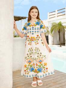 SHEIN Tween Girl Loose Floral Printed Notch V-Neck Short Sleeve Mid-Length Dress For Vacation